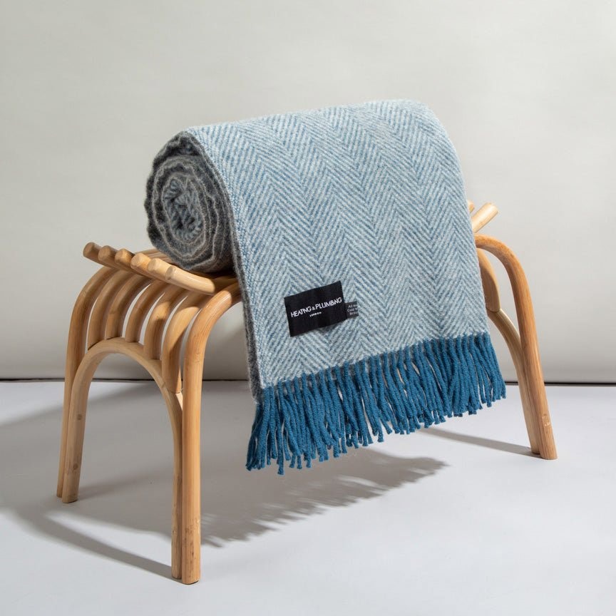 Evening Tales - Pure New Wool Blanket - Traditional Herringbone - Light Grey & Blue