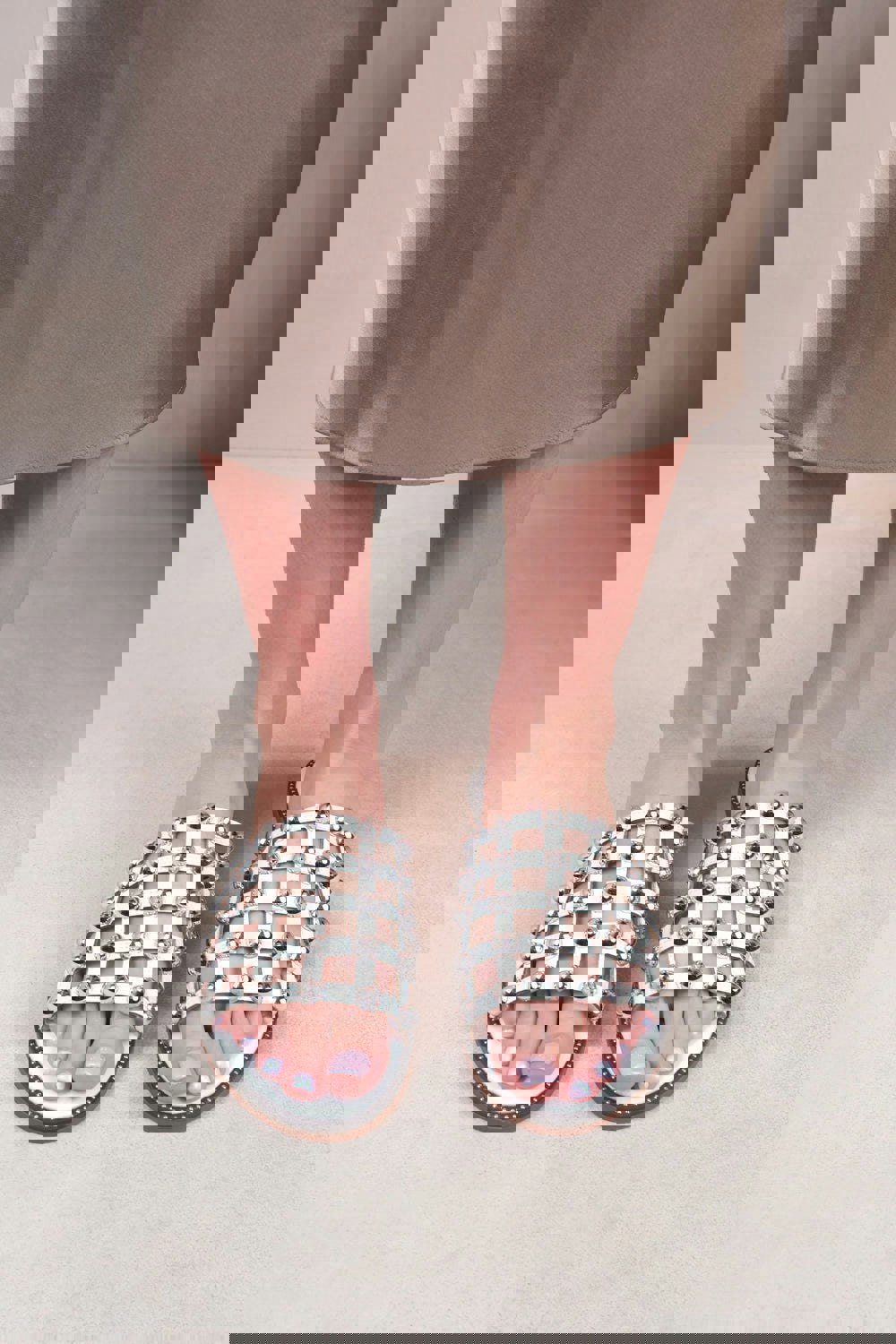 Where's That From KELLY STUDDED SLIDER WITH CAGED STUDDED DETAILING IN WHITE FAUX LEATHER
