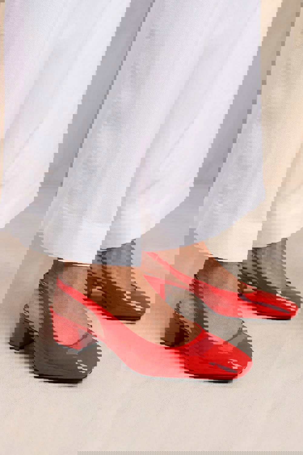 Where's That From Michigan Wide Fit Square Toe Sling Back Low Block Heels in Red Patent