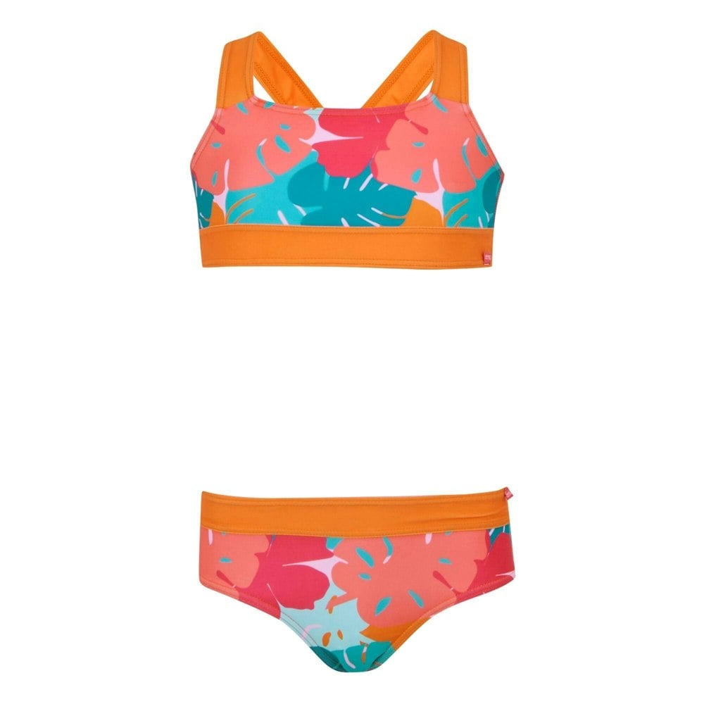 Regatta Girls Dakaria III Tropical Leaves Bikini Set - Orange/Blue/Pink
