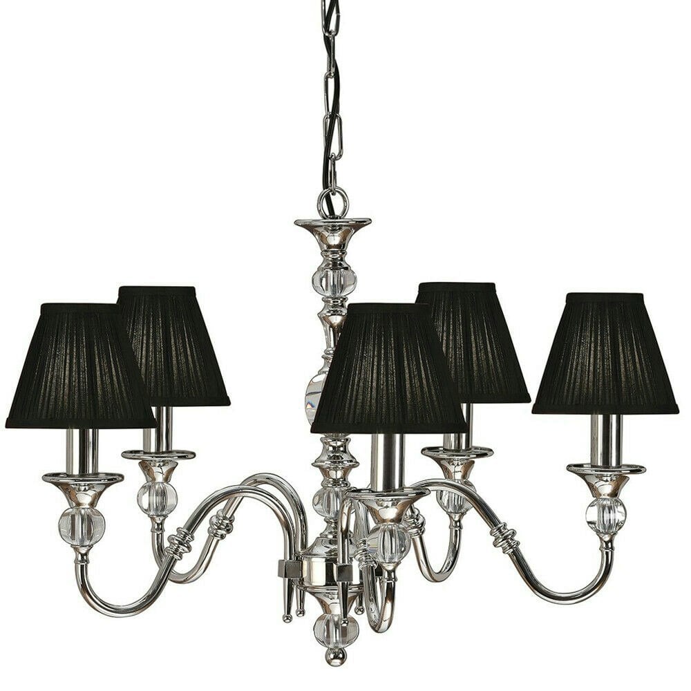 Diana Ceiling Pendant Chandelier Bright Nickel & Black Pleat Shade 5 Lamp Light Loops