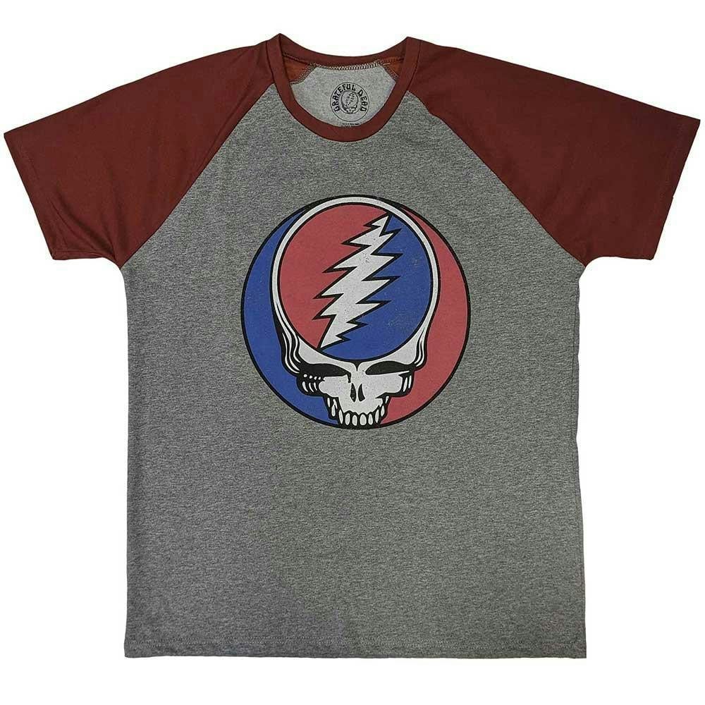 Grateful Dead Unisex Adult Steal Your Face Classic Cotton Raglan T-Shirt - Grey/Red