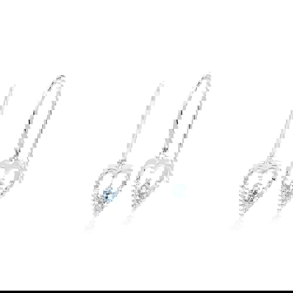 162E0258059 Classic Round Aquamarine & Diamond Love Heart Shaped Drop Earrings in 9ct White Gold 1