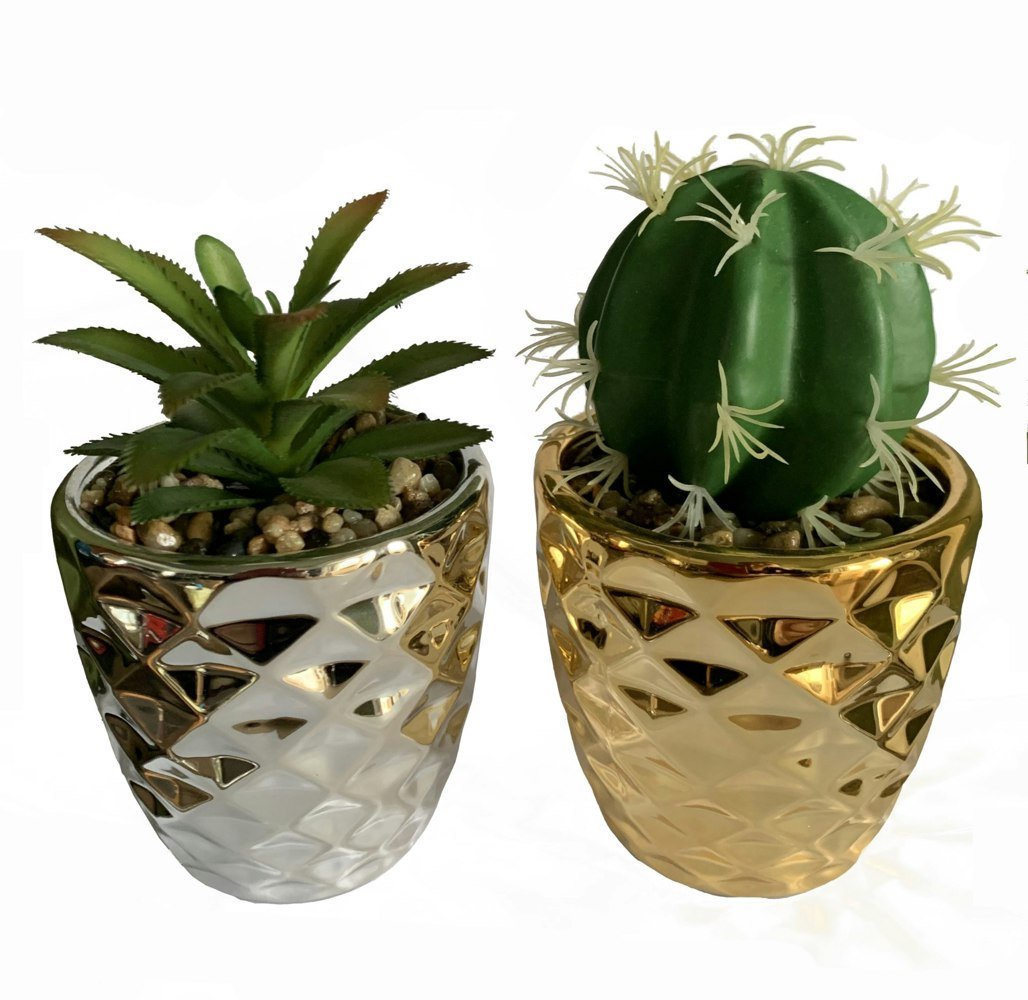 Leaf 15cm Set of Two Silver and Gold Ceramic Planters with Artificial Cactus and Dracaena