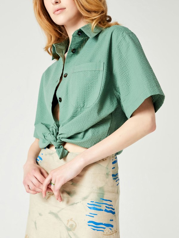 Blue Nude ~ Slow Fashion Brand - Plage Button-Up Cotton Seersucker Shirt in Oyat Green