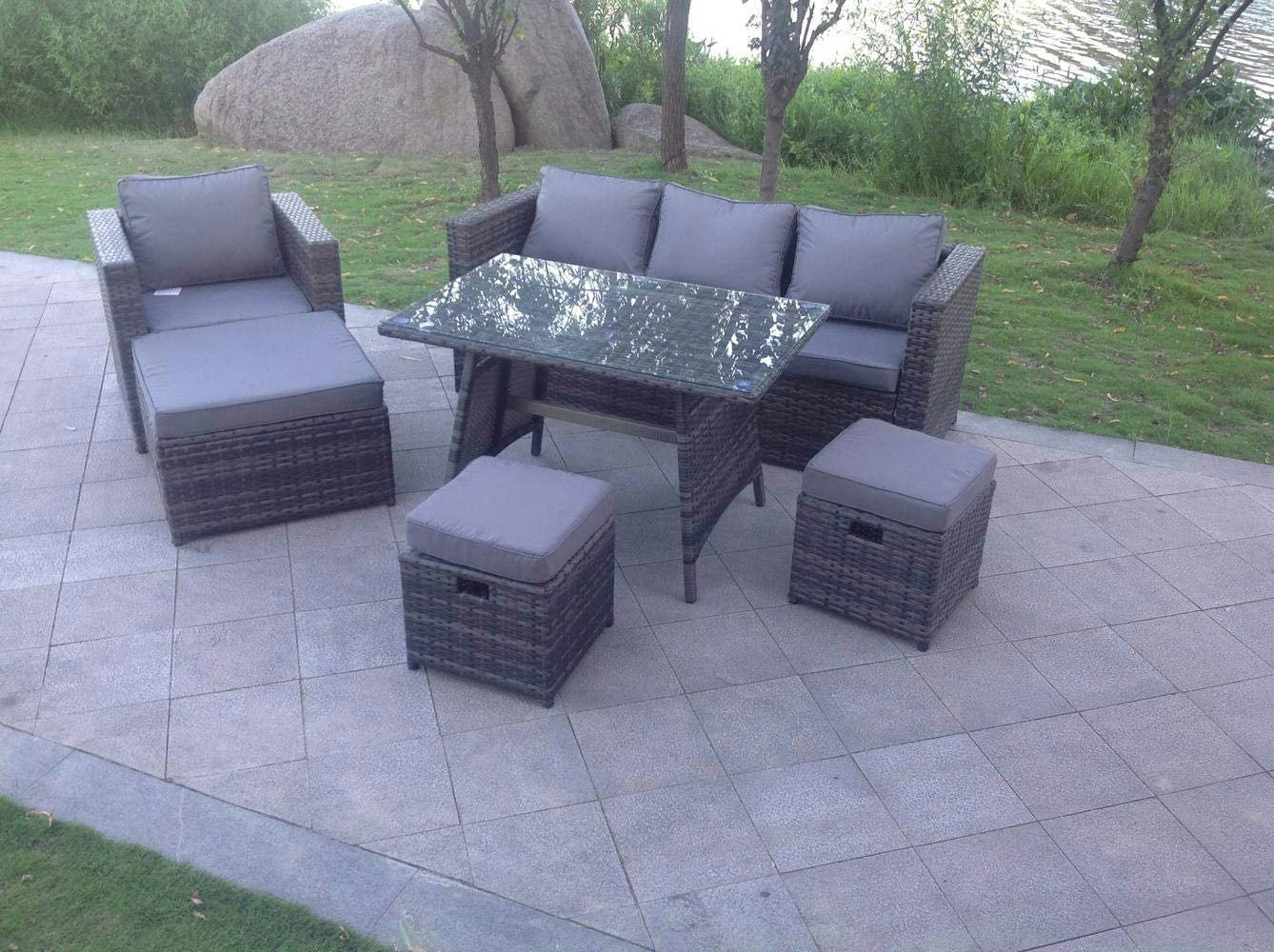 Fimous 7 Seater Grey Lounge Rattan Sofa Set Dining Table Chair Foot Rest Garden Furniture Outdoor