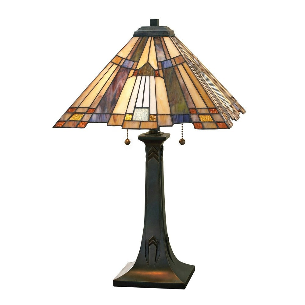 2 Bulb Table Lamp Pyramid Shape Tiffany Style Glass Valiant Bronze LED E27 60W Loops