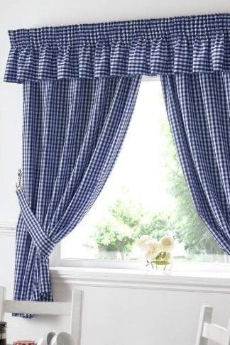 Alan Symonds Gingham Blue Checkered Taped Curtains With Tie Backs