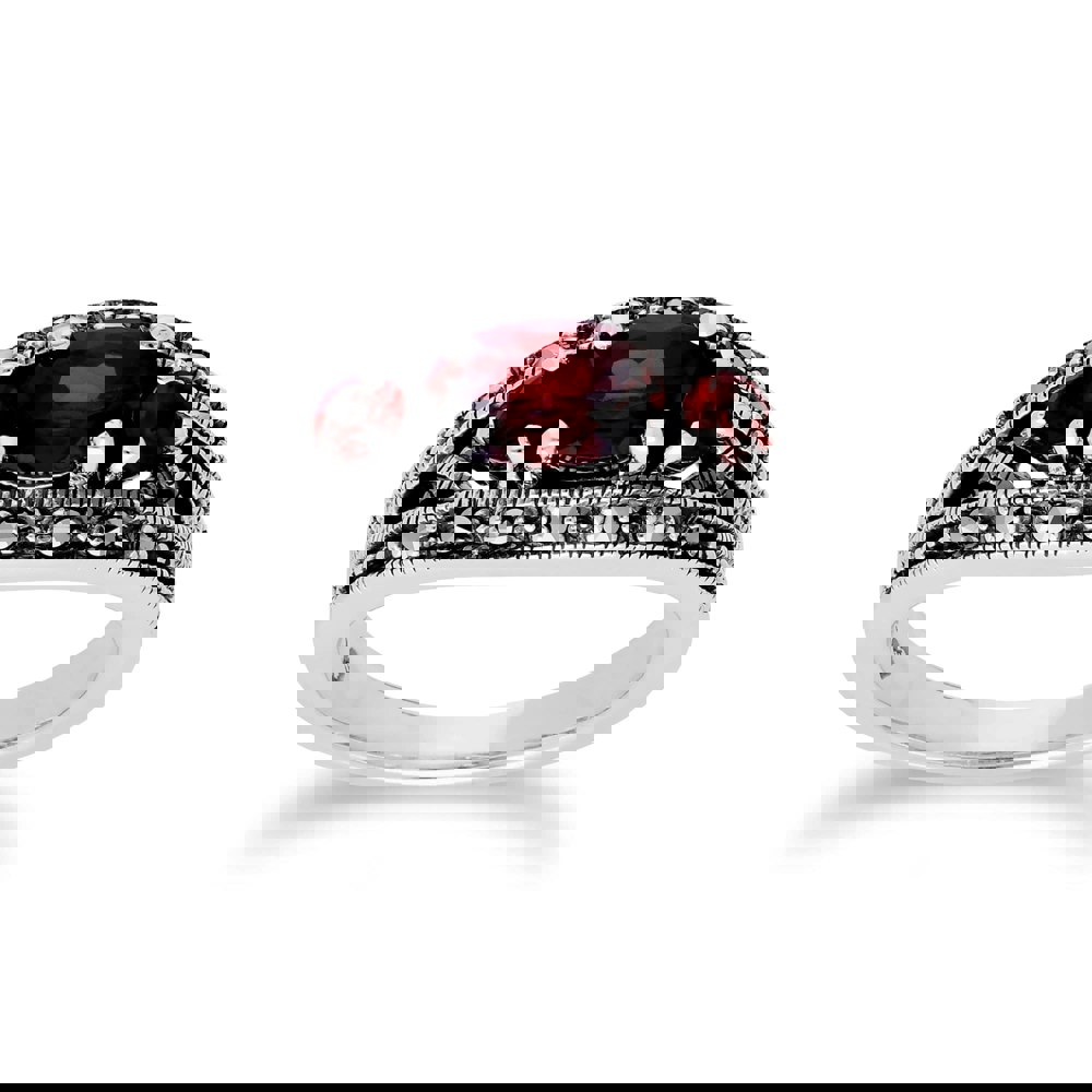 214R424002925 Art Deco Style Oval Garnet & Marcasite Three Stone Ring in 925 Sterling Silver 1