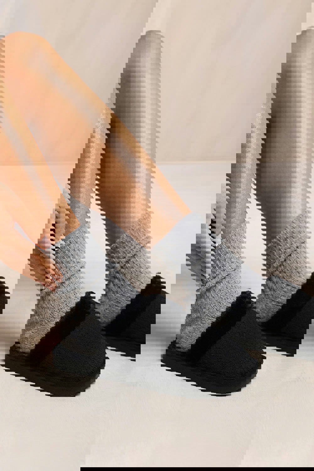 Where's That From Cuddle Knitted Fur Trim Slippers in Black