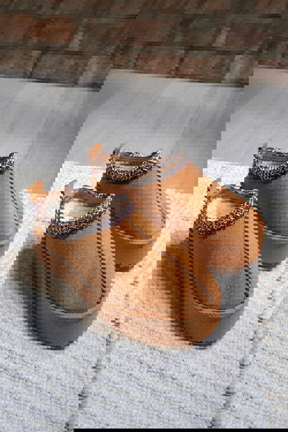 Where's That From Mango Kids Flatform Embroidered Low Ankle Slipper Boots in Chestnut Suede