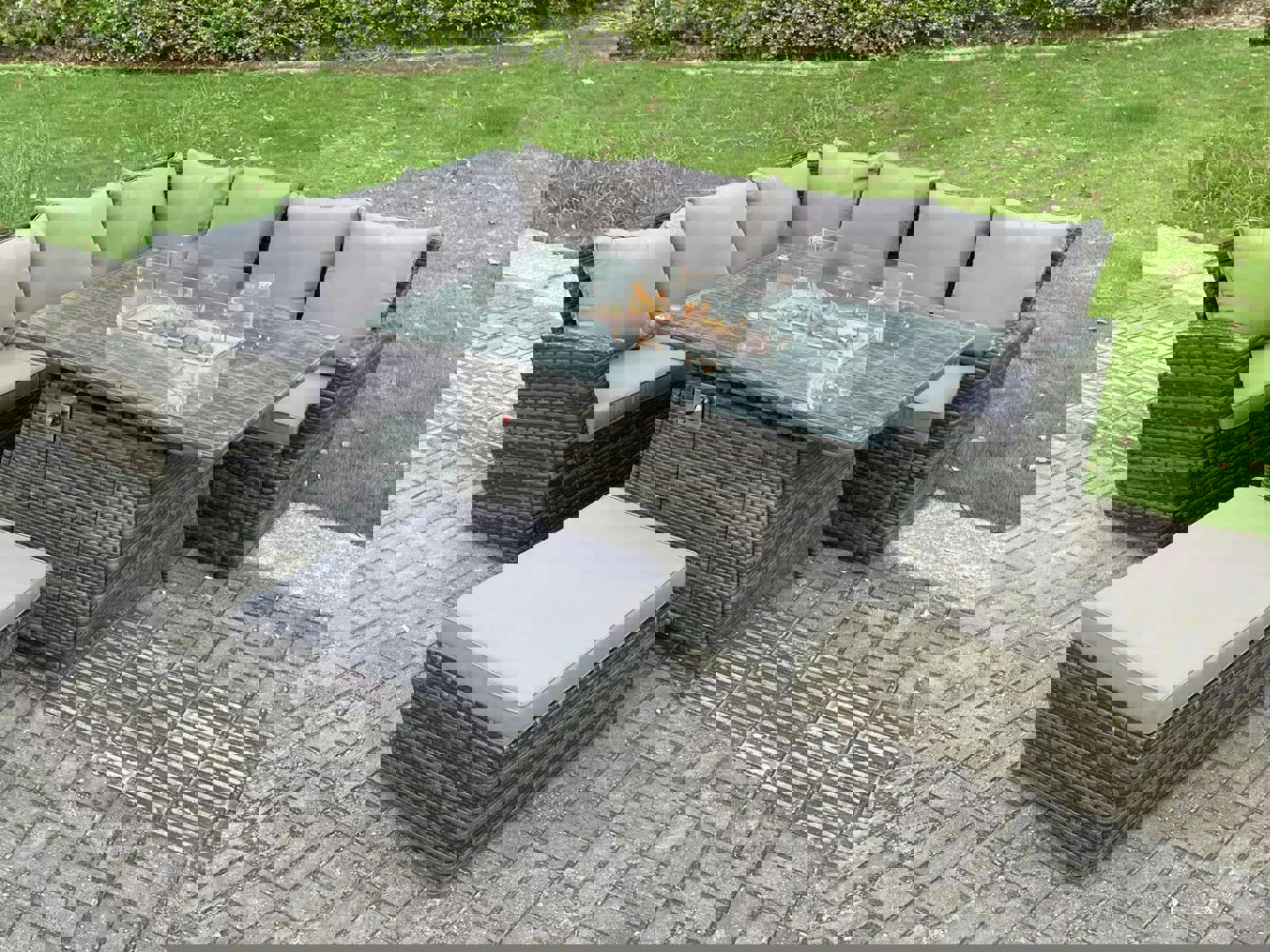 Fimous 7 Seater?Outdoor High Back Rattan Gas Fire Pit Corner Sofa Dining Set Garden Furniture Heater Dining Table Dark Grey Mixed Left Side