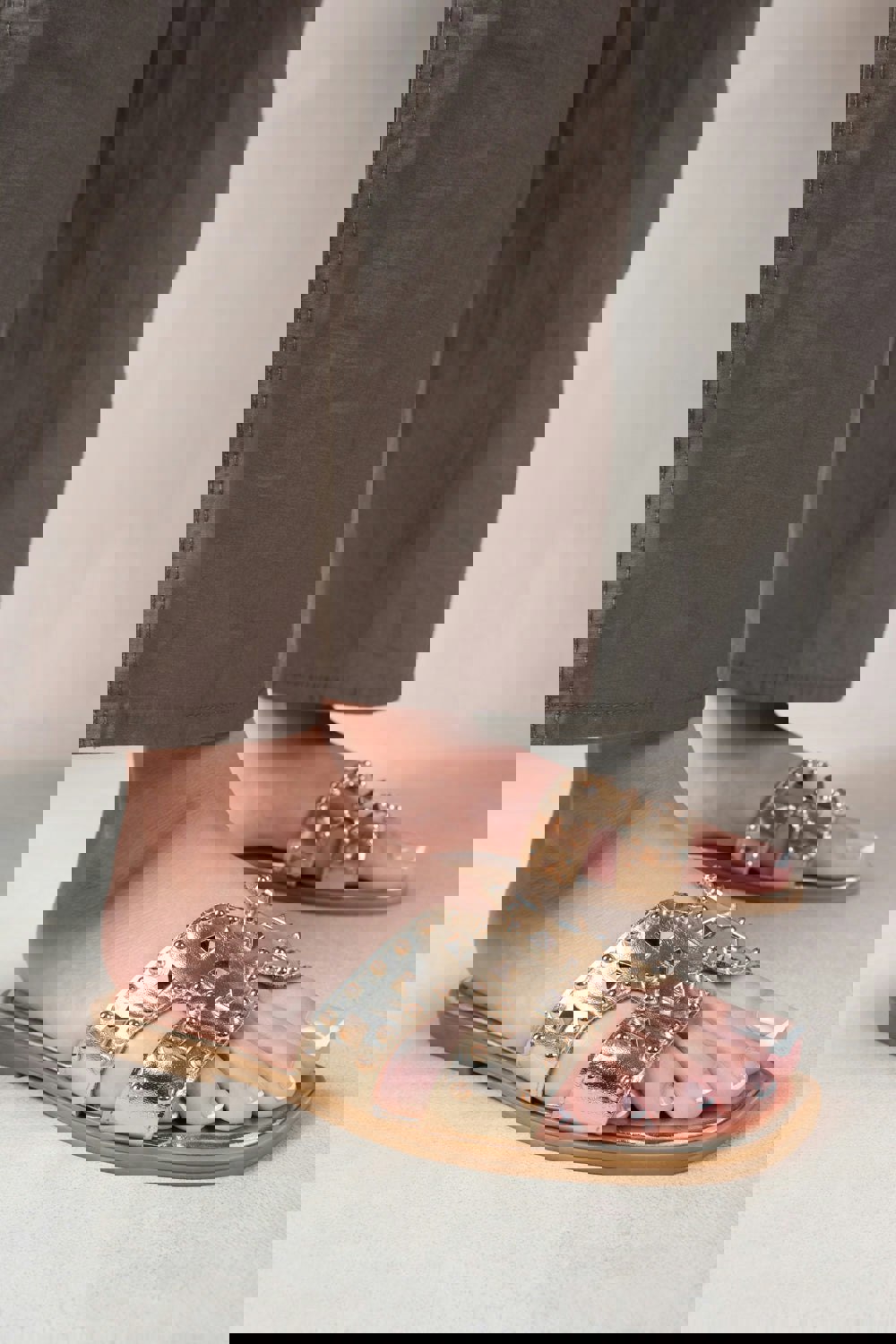 Where's That From Commet Cut Out Strap Flat Sandals With Diamante Detail in Gold Metallic