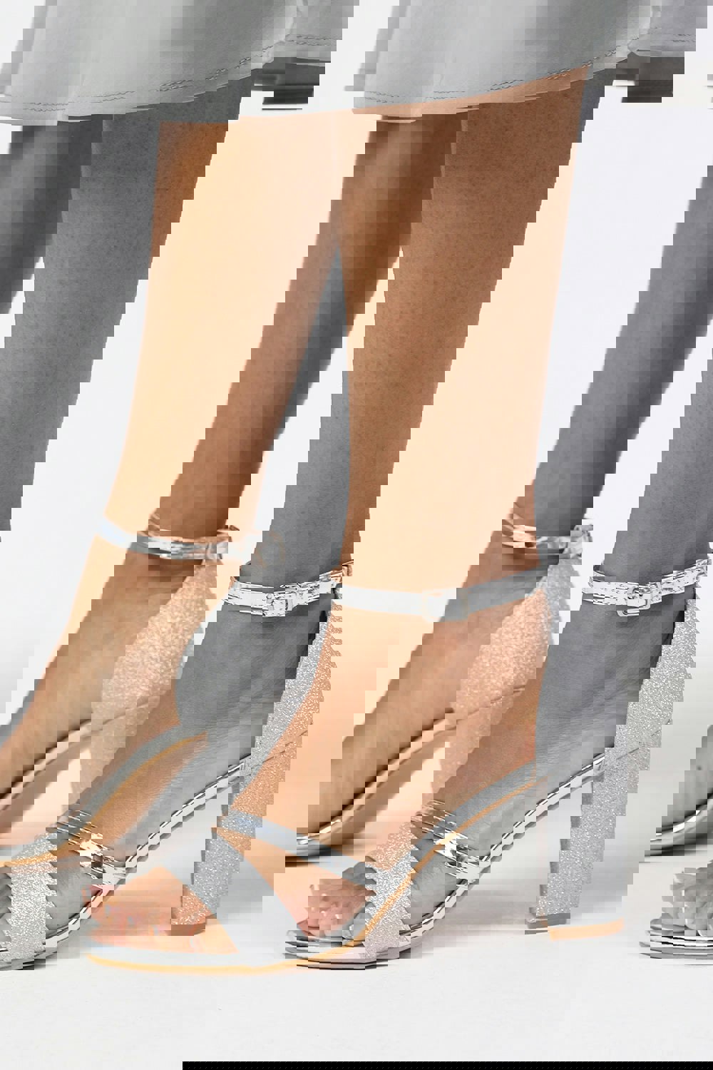 Where's That From Aceline Mid High Block Heel Sandals With Ankle Strap in Silver