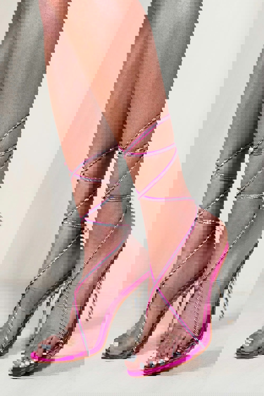 Where's That From Sloane Diamante High Heel With Perspex Strap & Lace Up Detail in Fuchsia Pink