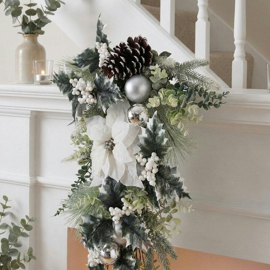 Garden Greatness Frosted Greenery Poinsettia Christmas Swag