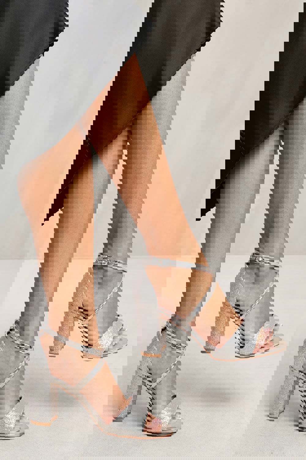 Where's That From Londyn High Block Heel Sandals With Cross Over Ankle Strap in Silver