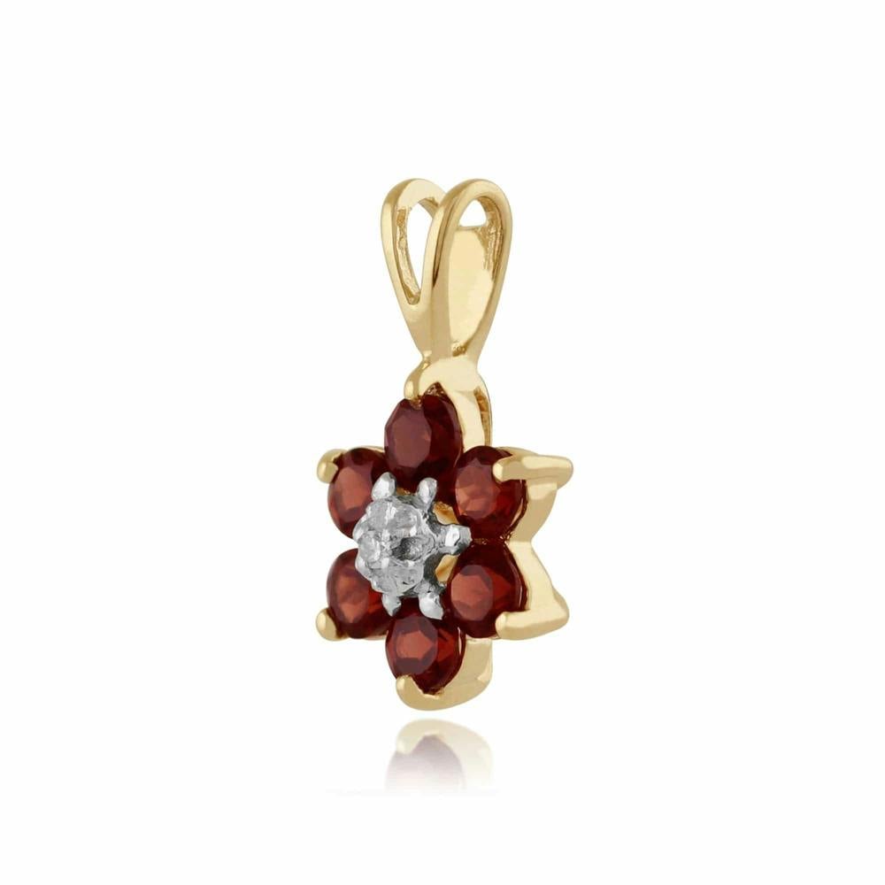Gemondo Floral Round Garnet & Diamond Cluster Pendant in 9ct Yellow Gold
