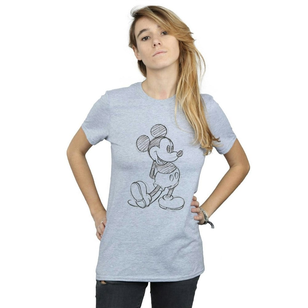 Disney Womens/Ladies Mickey Mouse Sketch Kick Cotton Boyfriend T-Shirt - Sports Grey