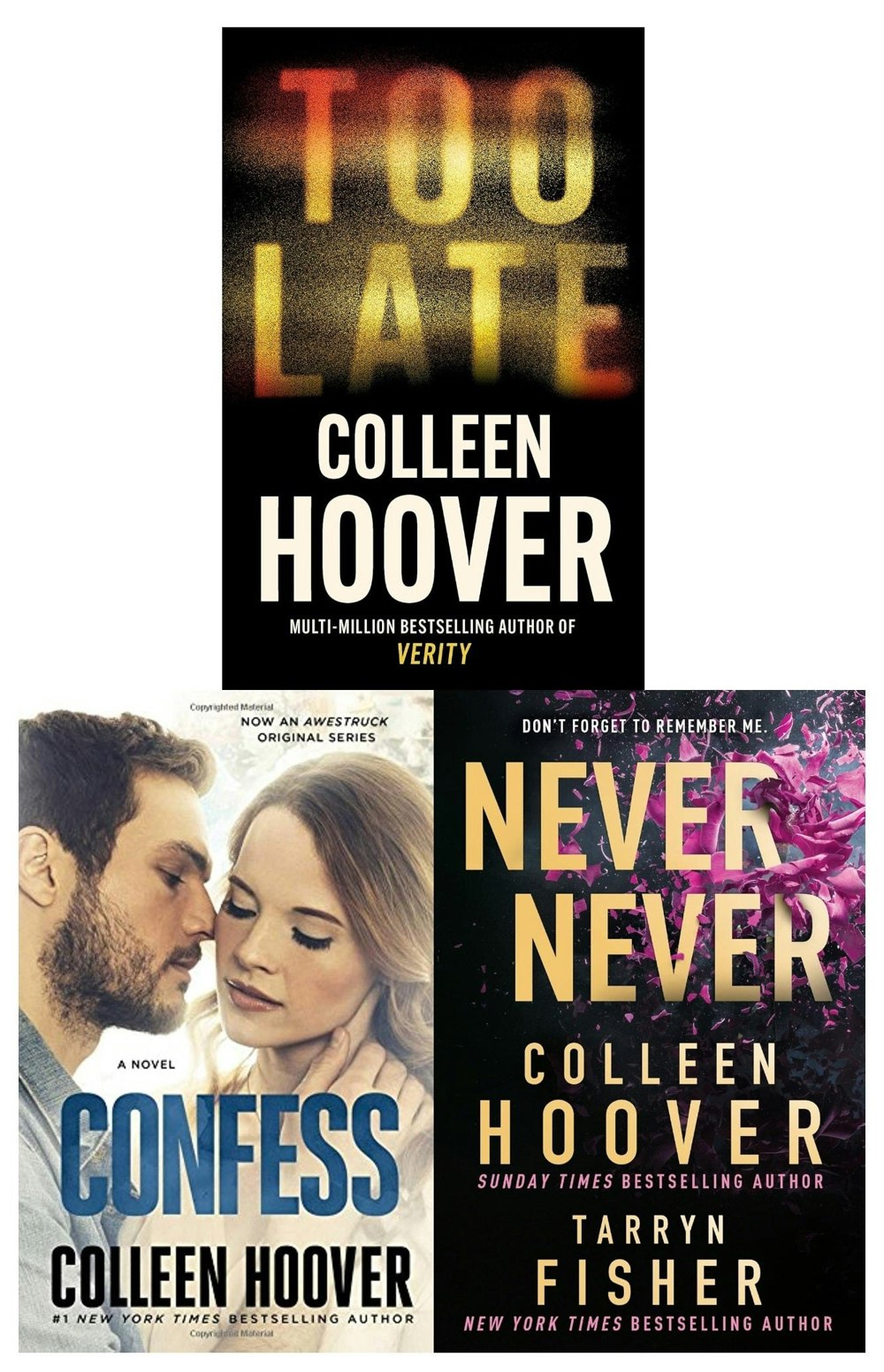 Various Publishers Colleen Hoover Collection Books Set (Too Late, Never Never, Confess) Size 3