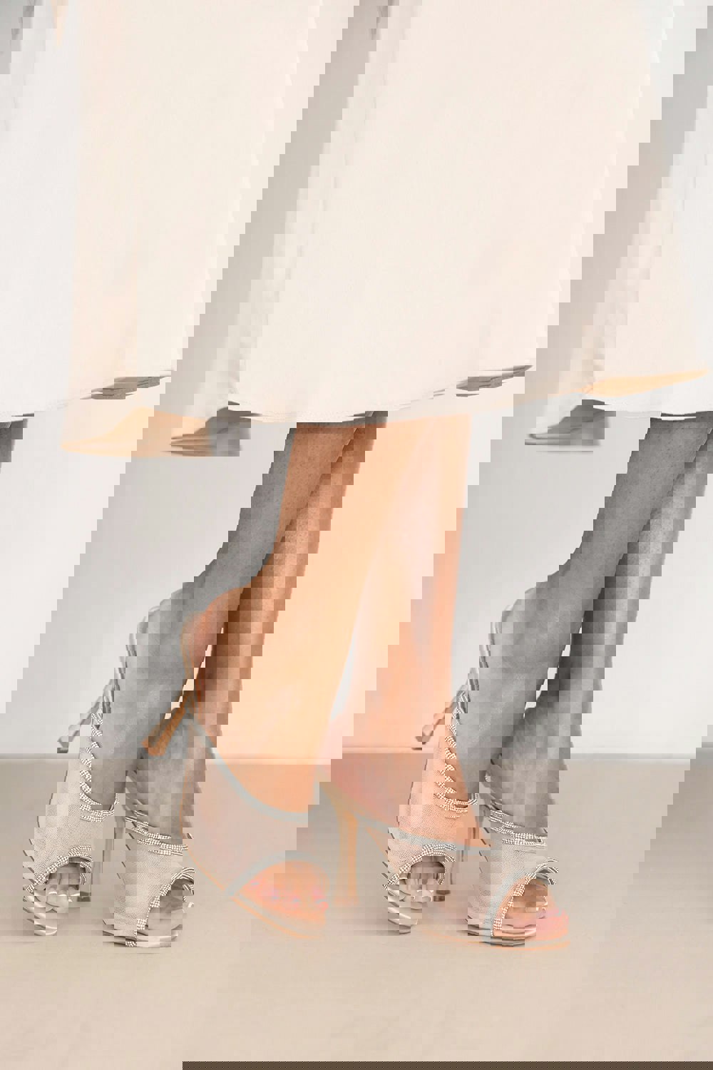 Where's That From Cynthia Open Toe Mules With Crystal Trim in Cream Satin