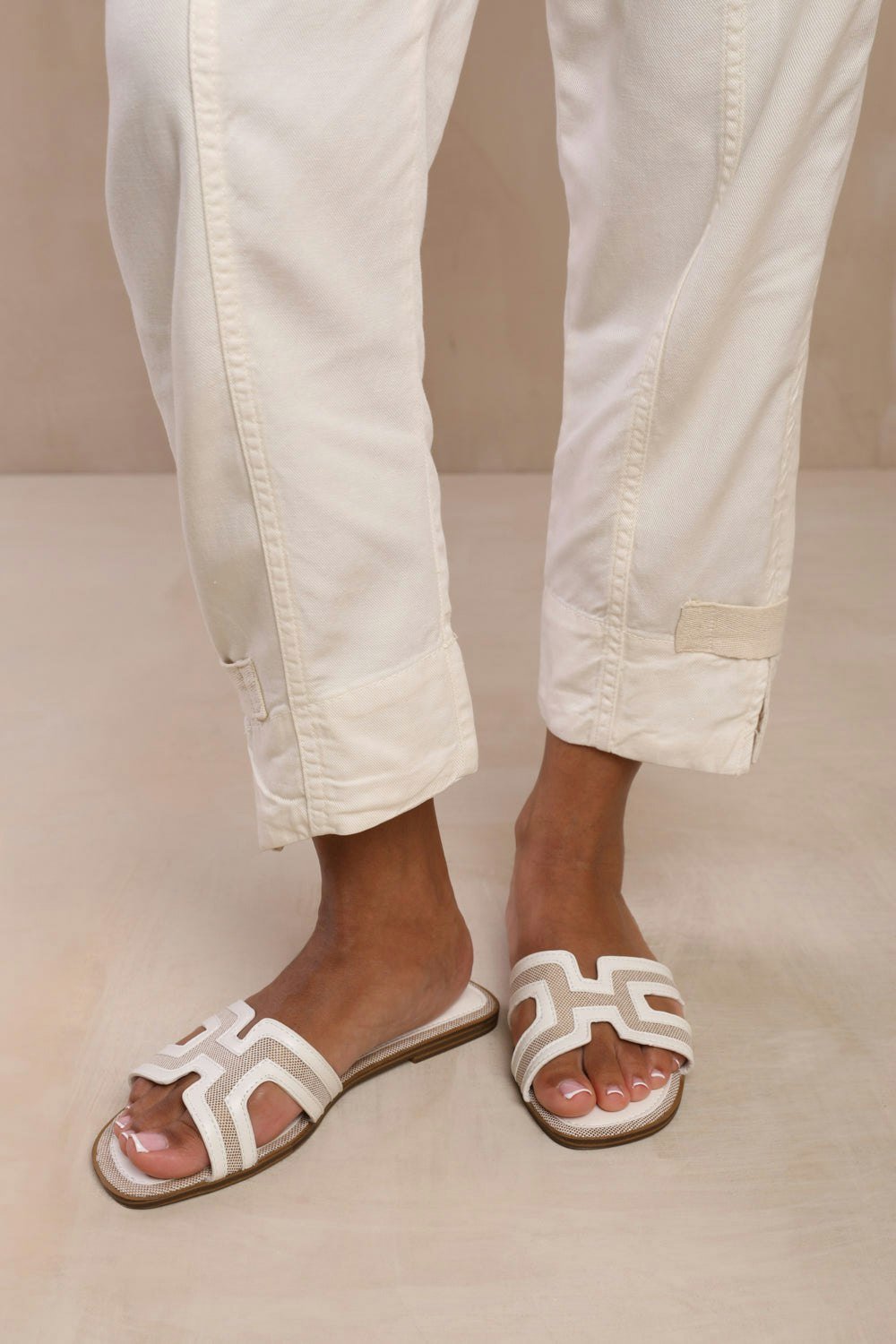 Where's That From Surge Cut Out Strap Flat Sandals in White Faux Leather