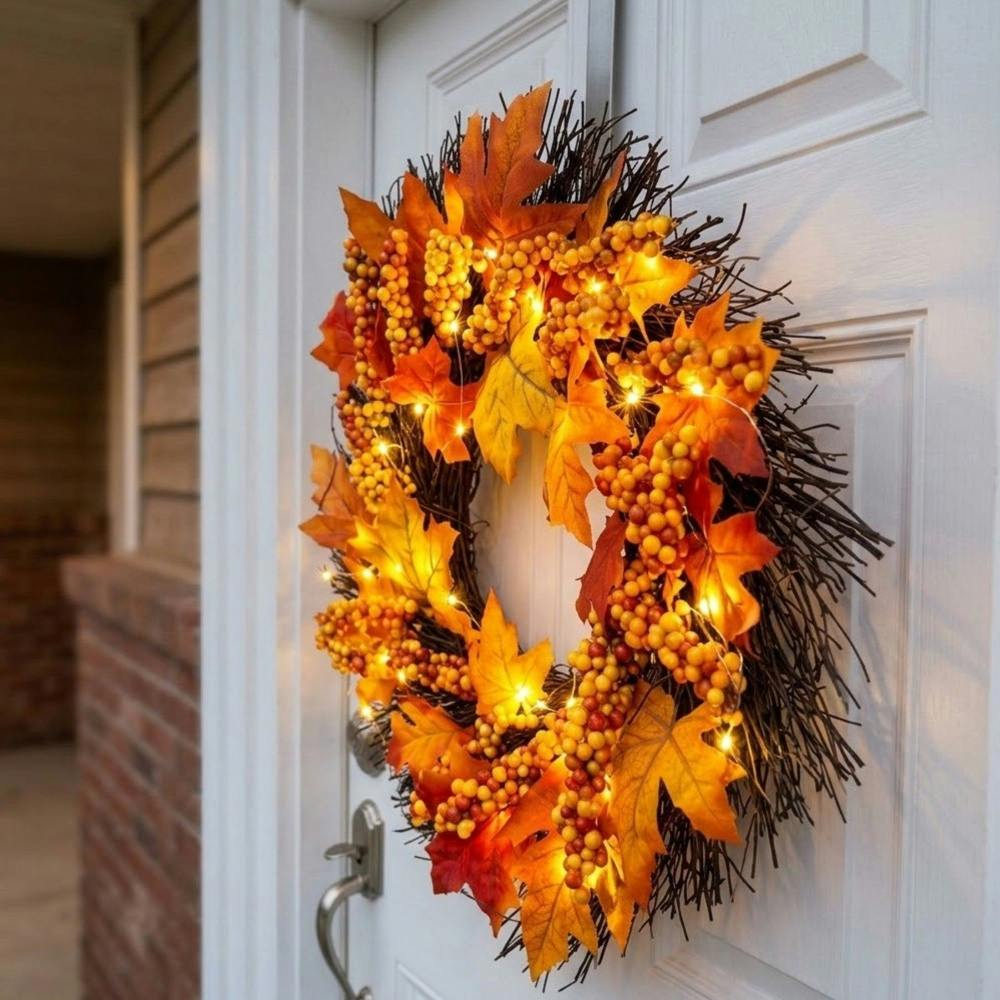 Garden Greatness Light Up Maple Leaves Rattan Wreath Hanger Included