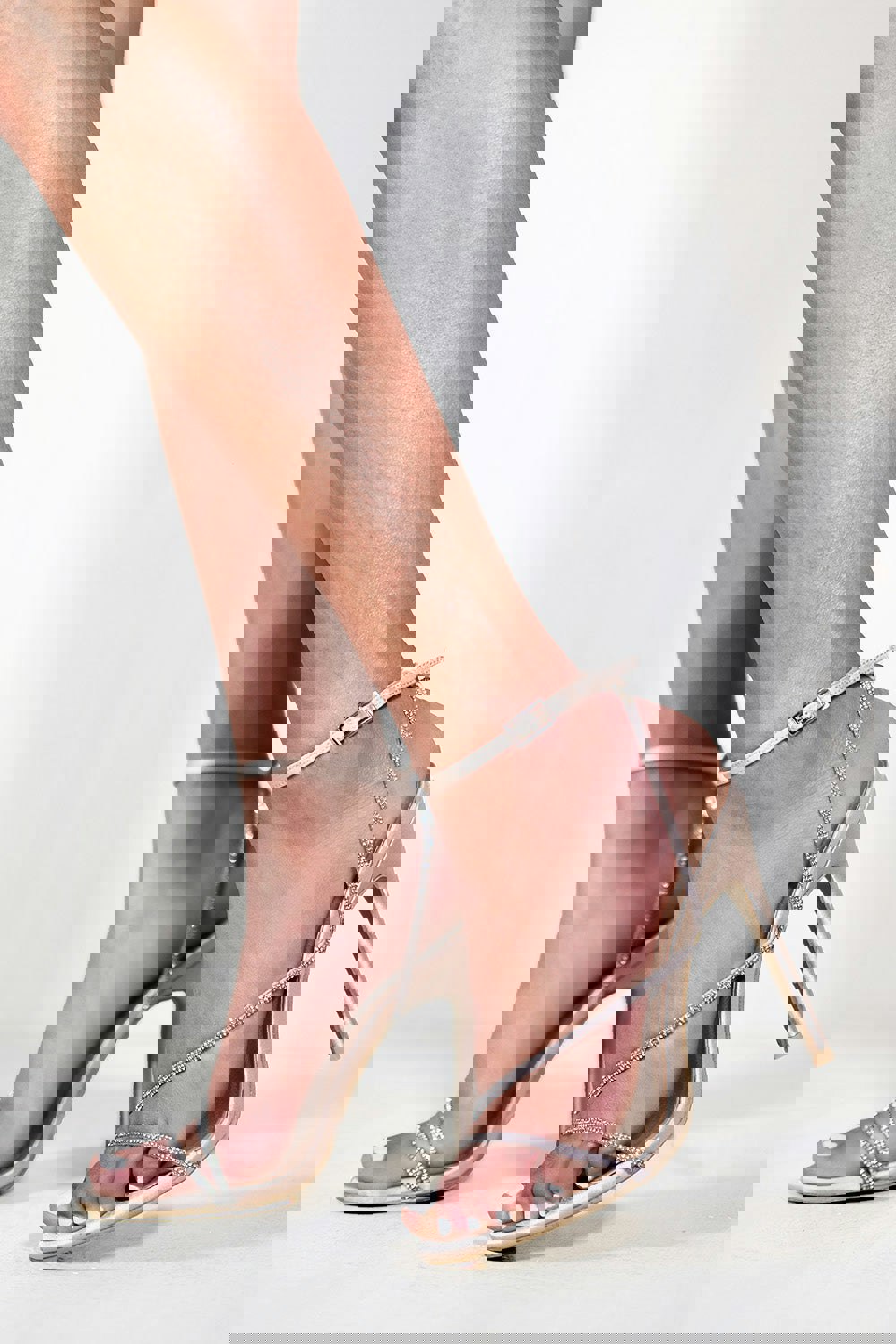 Where's That From Stiletto High Heel With Diamante Detailed Strap in Champagne Silk