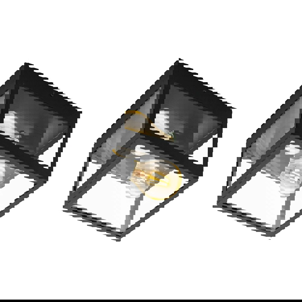 IP44 Outdoor Wall Light Black & Glass Box Twin 60W E27 Bulb Porch Lamp Loops