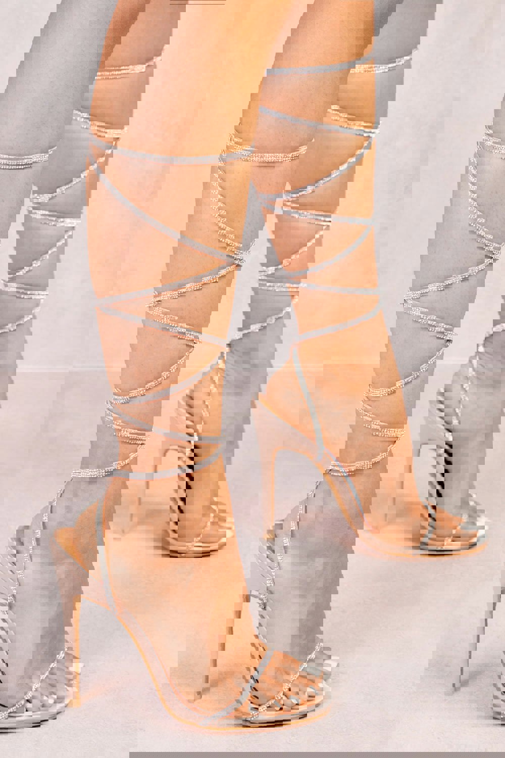 Where's That From Ophelia Diamante Strap Lace Up Tie Leg High Heels in Champagne Gold Silk
