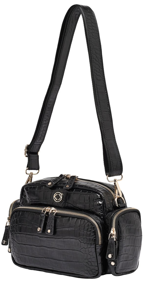 black embossed leather cross body bag with shoulder strap and multiple pockets