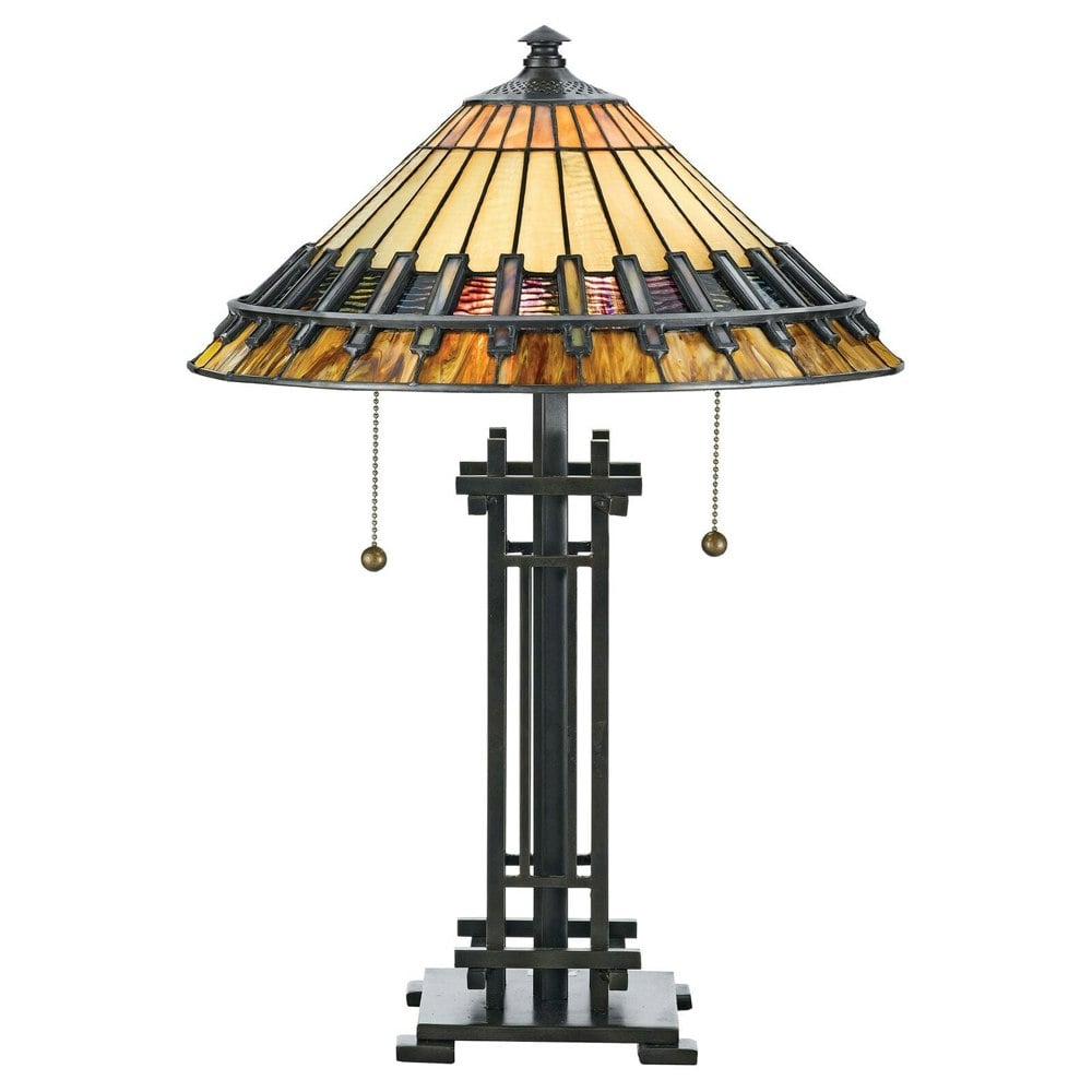 2 Bulb Table Lamp Tiffany Style Coloured Glass Vintage Bronze Base LED E27 60W Loops