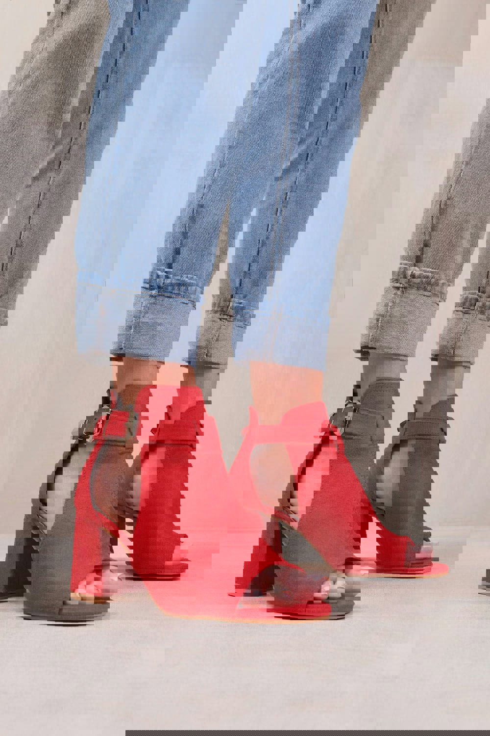 Where's That From Lisa Block Heel With Side Buckle and Open Toe Front in Rouge Red Suede