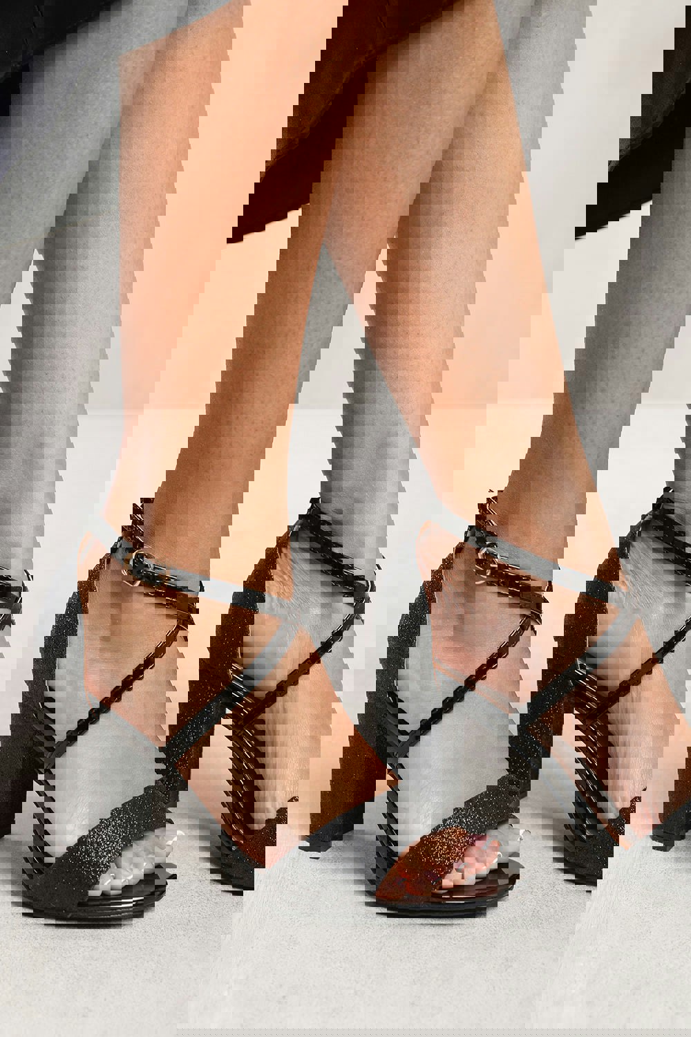 Where's That From Londyn High Block Heel Sandals With Cross Over Ankle Strap in Black