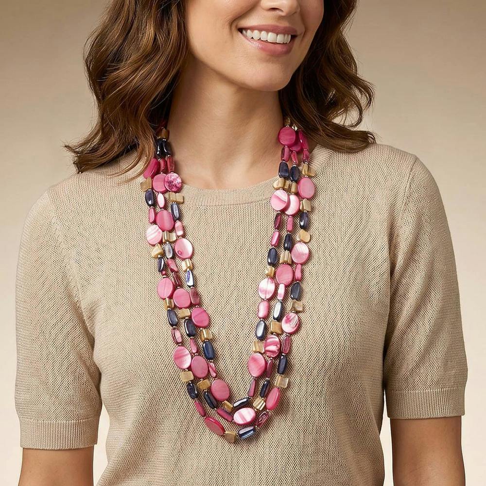 Pia Bold Position Layered Shell Necklace, Fuchsia Navy