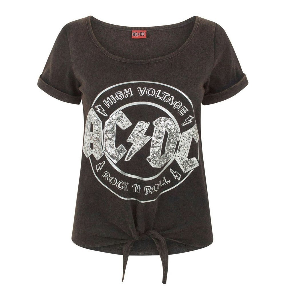 AC/DC Womens High Voltage Sequin Acid Wash Tie Front T-Shirt - Black