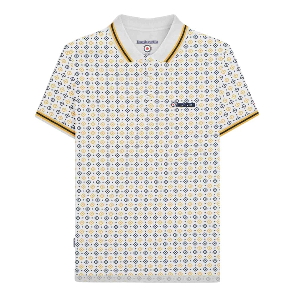 Lambretta Mens SS25 Geometric Polo Shirt - White/Navy/Gold