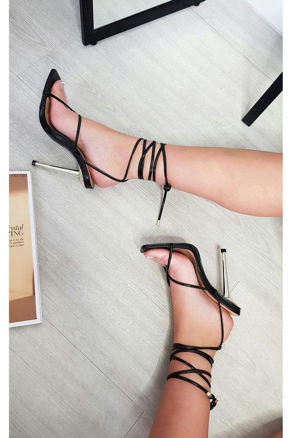 Tina Square Toe Strappy High Heels - Black