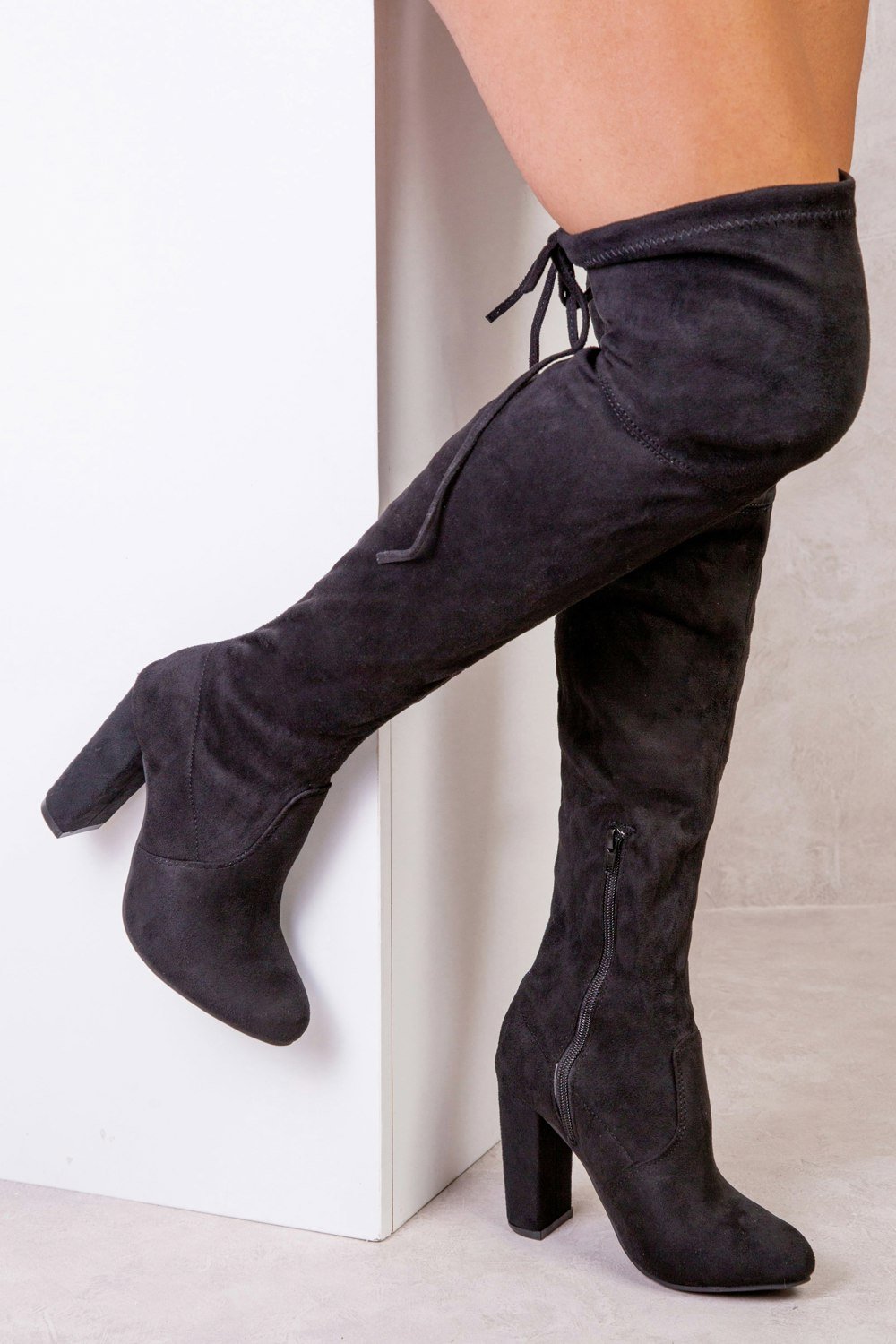 Where's That From Diane High Heel Over the Knee Boot With Lace Up Detail in Black Suede