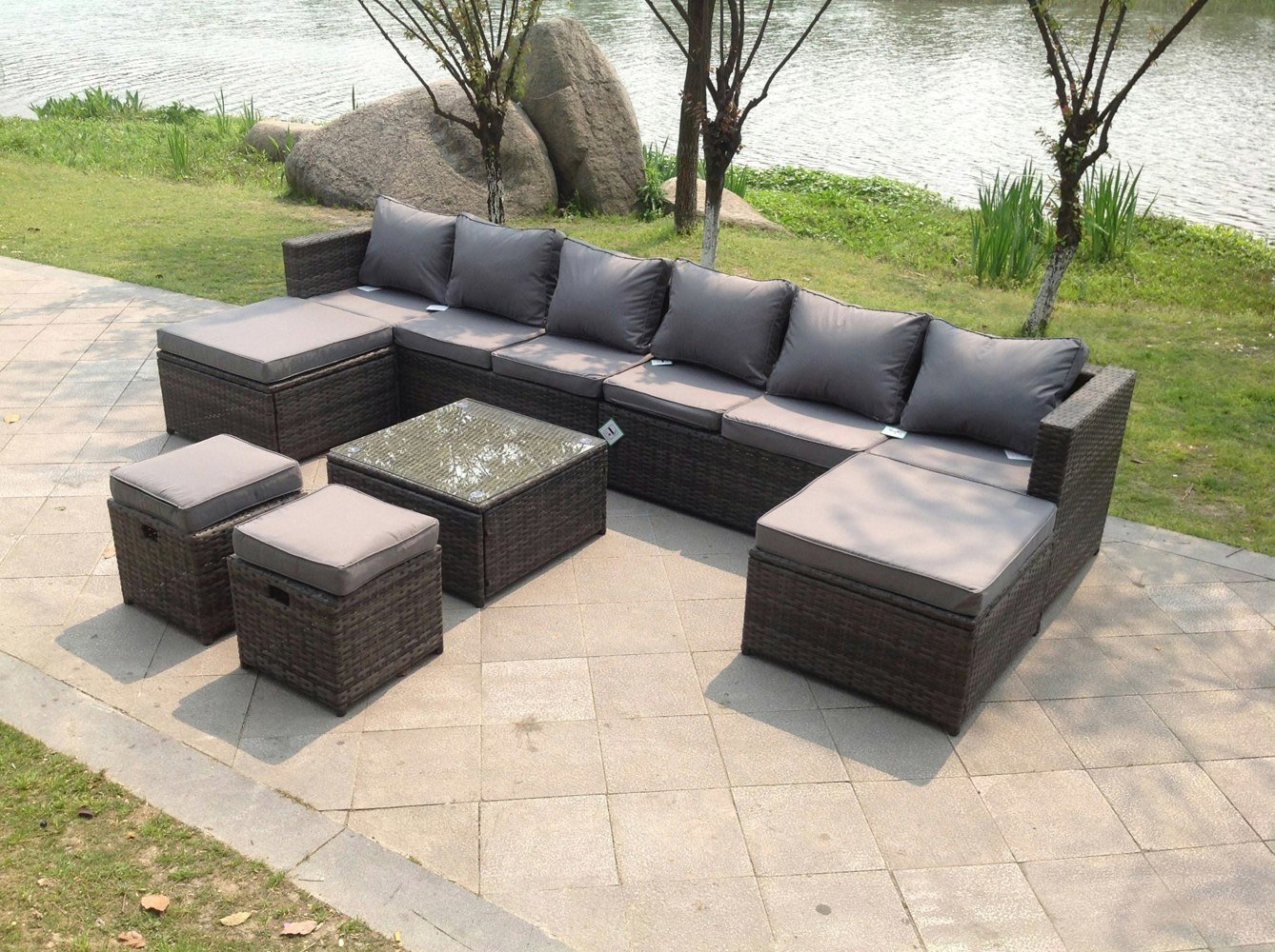 Fimous Lounge Couch Rattan Corner Sofa Set Coffee Table Stools Garden Furniture Outdoor