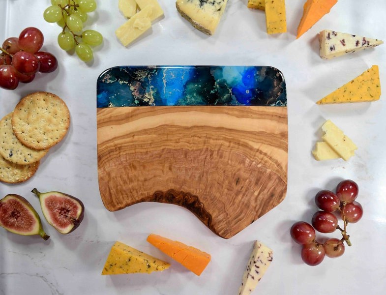 Blue Gold Cheese Board Olive Wood - 5th Wedding Anniversary Gift Ideas