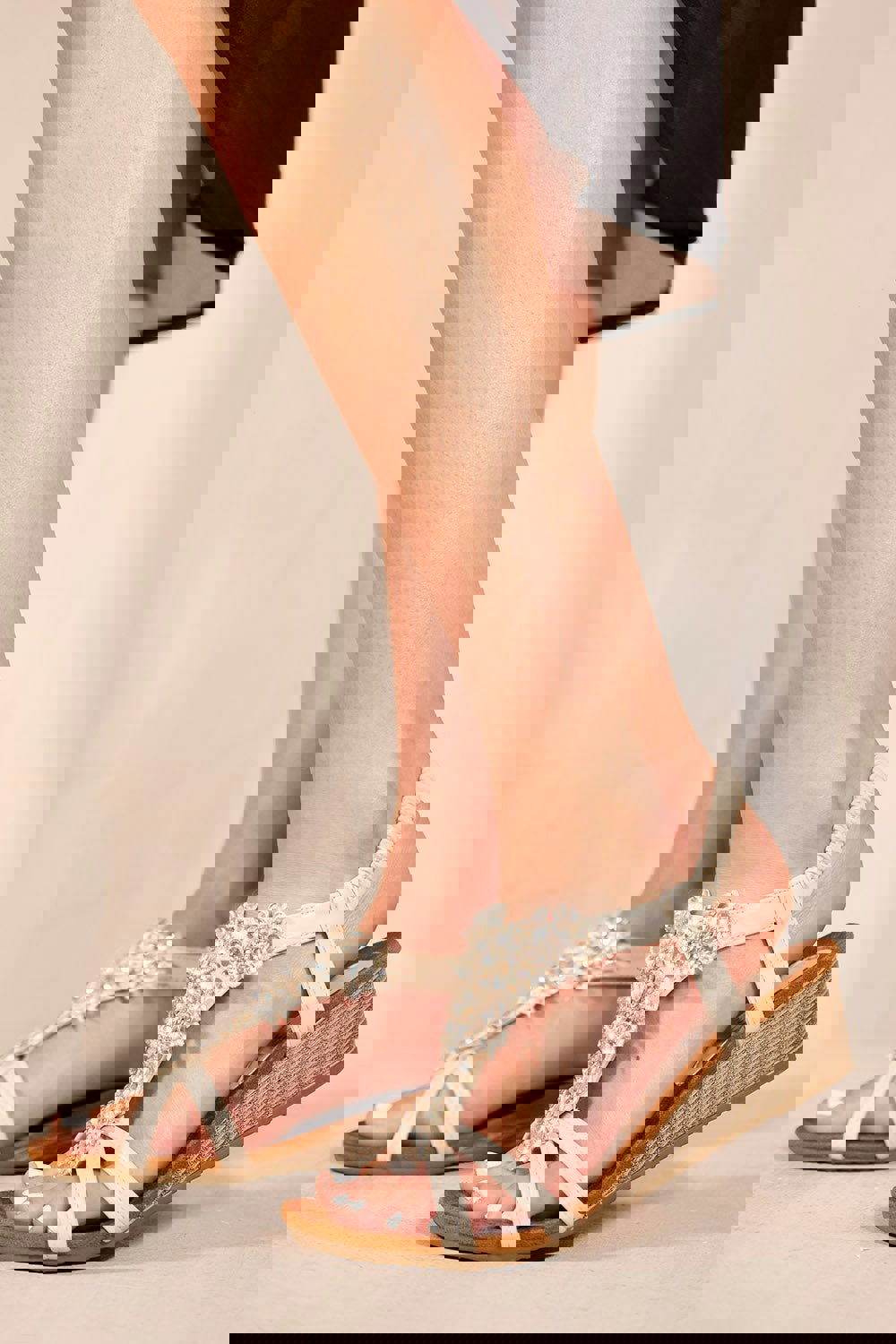 Where's That From Cevedo Low Wedge Heel Sandals With Diamante Flowers Detail in Nude Faux Leather