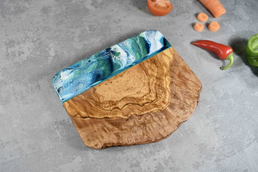 Olive Wood Board with Blue Green Resin Art 20cm - 5th Anniversary Gift