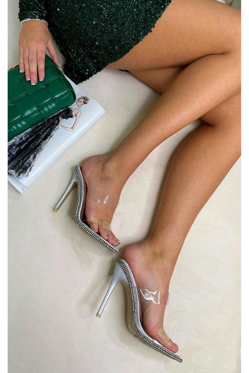 Miley Studded Stiletto Heels With Clear Strap - Silver