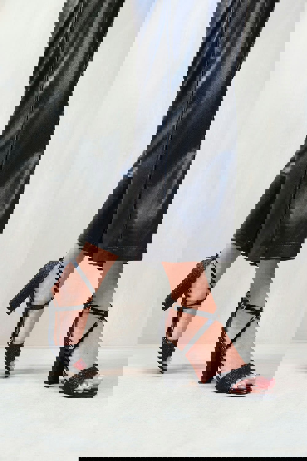 Where's That From Ruth Wide Fit High Block Heel Sandals With Cross Over Ankle Strap In Black Glitter