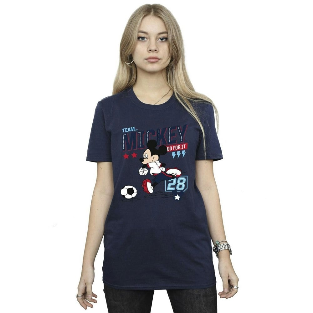 Disney Womens/Ladies Mickey Mouse Team Mickey Football Cotton Boyfriend T-Shirt - Navy Blue