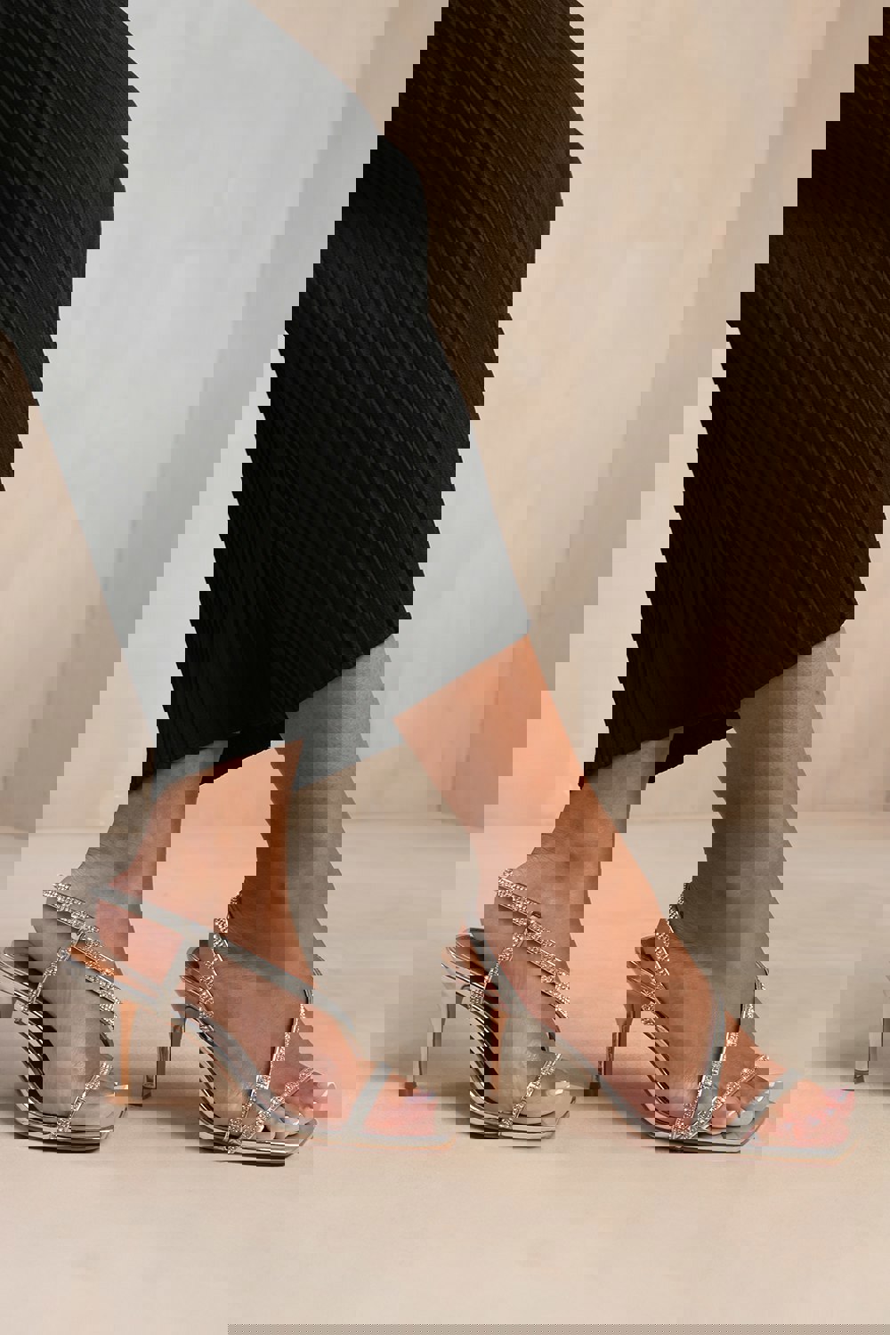 Where's That From Iowa Crystal Cross Foot Strap Mid Heels in Silver Metallic