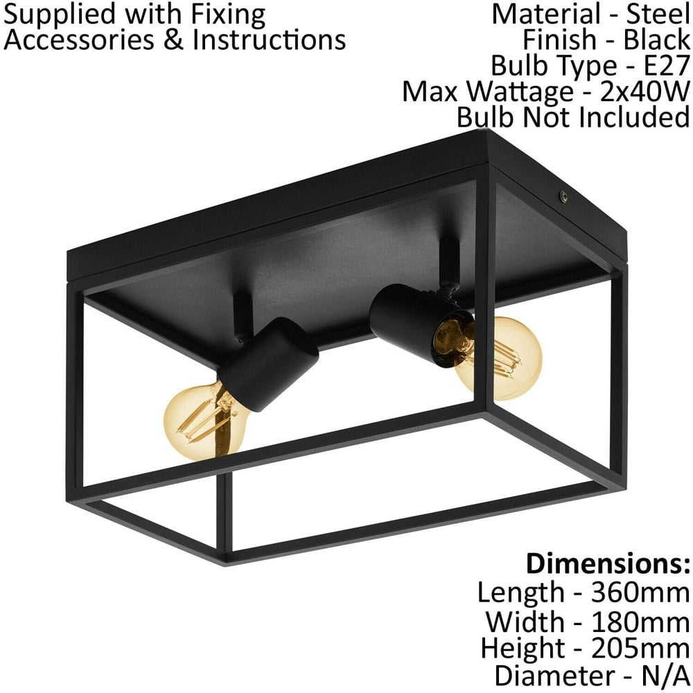 Flush Ceiling Light Colour Black Open Metal Frame Box & Holders Bulb E27 2x40W Loops