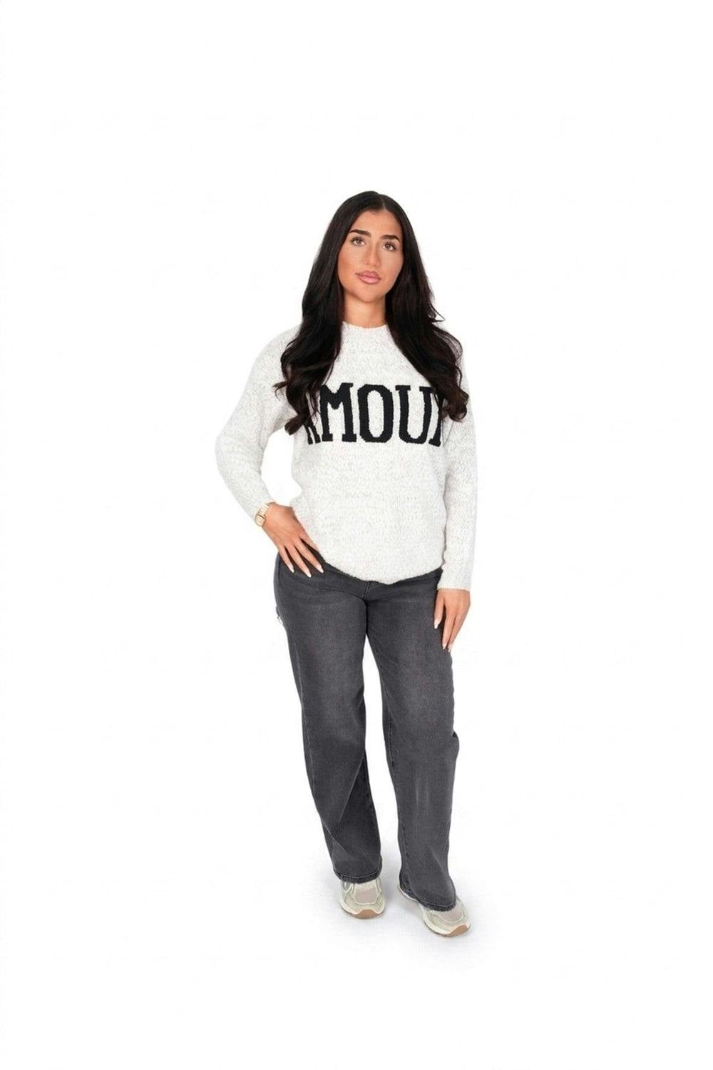 Zenya Fluffy Knit Oversized Jumper With Amour Slogan Detail - Light Grey_wb