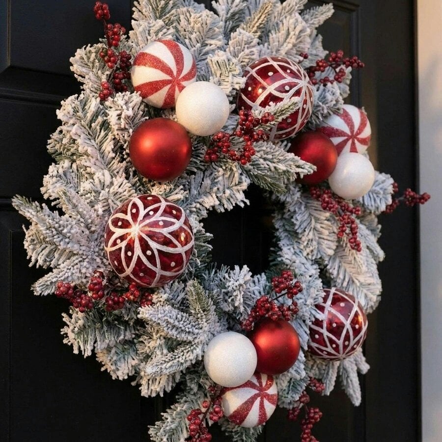 Garden Greatness Snowy Wreath with Berries and Red and White Baubles